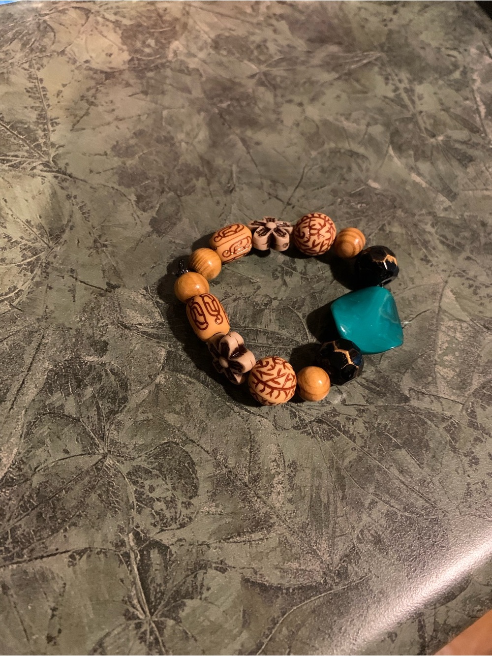 Handmade Boho Turquoise Bead Stretch Bracelet - Teal Green & Brown